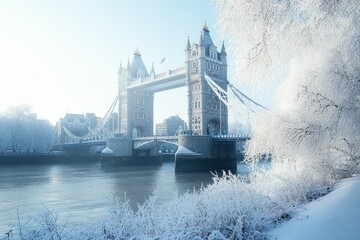Tower Bridge in London Covered in Snow with Frosty Trees in Foreground