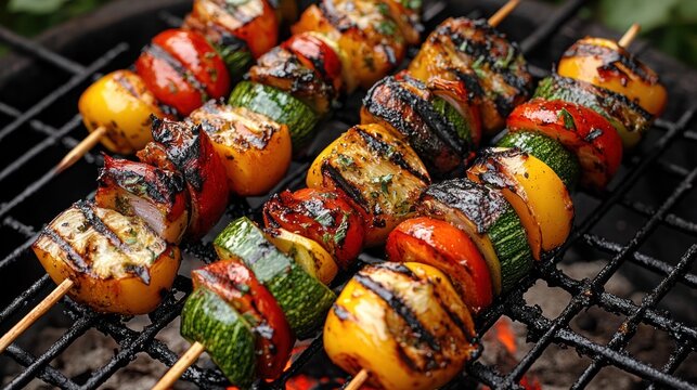 Grilled vegetable skewer, grilled meat with vegetable on a grill.