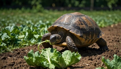 Land turtle eating lettuce and zucchini.
