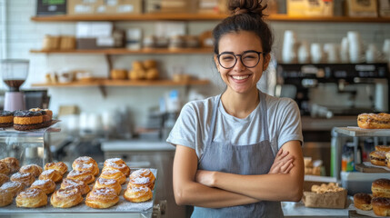 Proud cafe owner displaying fresh pastries in a bright, inviting cafe, surrounded by the aroma of fresh coffee and baked goods