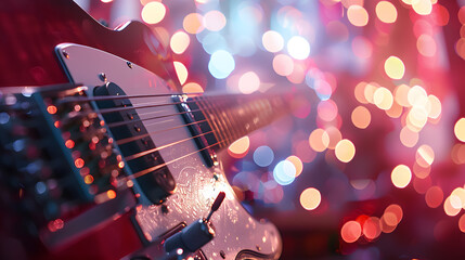 Fototapeta premium Music holiday composition with a close-up of an electronic guitar against a blurred concert background with a bokeh effect.