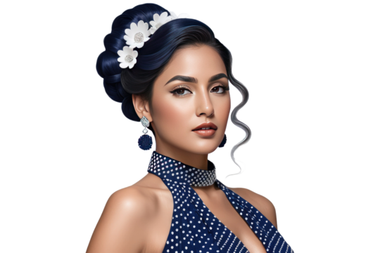 Front view mid shot portraying a striking Latin lady attired in a halter neck dress of navy blue, heightened with a pattern of white polka dots, portrayed in detail against a white ethereal background