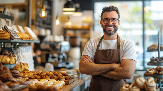 Proud cafe owner displaying fresh pastries in a bright, inviting cafe, surrounded by the aroma of fresh coffee and baked goods