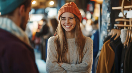 Obraz premium Happy retail business owner interacting with customers in a bright, trendy boutique, the store filled with lively conversations and fashionable items