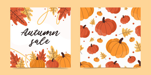 Autumn banner set with pumpkins, fall leaves, in warm seasonal colors. Traditional fall banner elements in vector flat style. For autumn harvest decor, social media banners.