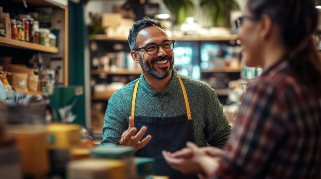 Smiling local shop owner chatting with loyal customers in a vibrant shop, showcasing the community spirit of local businesses