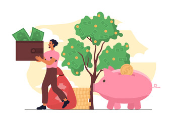Man with money tree. Young guy near bag of gold coins and piggy bank. Financial literacy and passive income. Successful trader, entrepreneur and investor. Flat vector illustration