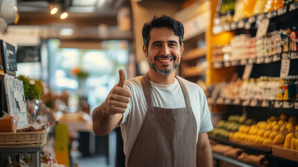 Fototapeta premium Happy small business owner giving a thumbs up, the shop bustling with activity and filled with a positive, welcoming atmosphere