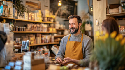 Fototapeta premium Smiling small shopkeeper engaging with customers in a cozy, inviting shop, with neatly organized shelves and a welcoming vibe