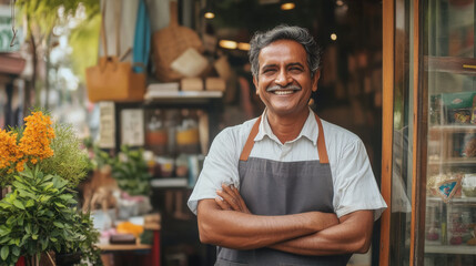 Fototapeta premium Proud small shopkeeper standing outside their shop, smiling confidently as they prepare for a busy day of business