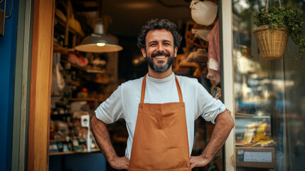 Proud small shopkeeper standing outside their shop, smiling confidently as they prepare for a busy day of business