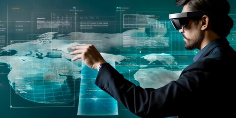 Professional man using augmented reality technology to interact with global data on a holographic display in a modern office