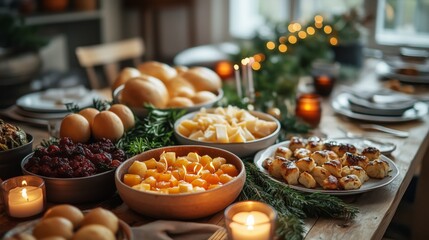 Fototapeta premium A decorated table with fruits and candles creates a festive atmosphere