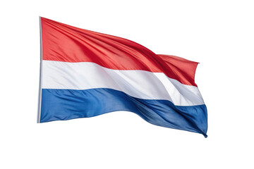 Netherlands flag, centered, full-body isolated against clean white backdrop, stock photography style, crisp edges, gossamer texture visible, fabric ripples gently suggesting motion