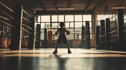 Obraz premium A child is training for a boxing match in a boxing ring.