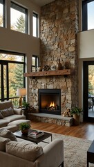 Living room with large windows, a fireplace, and a staircase.