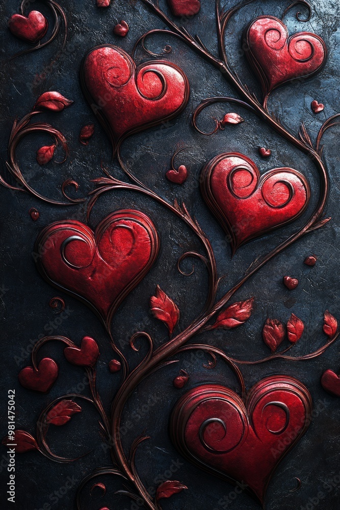 Wall mural Red hearts growing on a vine with intricate details on a dark background.