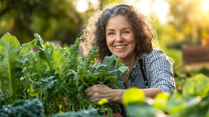 Middle-aged woman smiling warmly while tending to her vegetable garden, vibrant green plants and soft sunlight