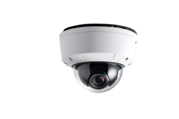 Single surveillance camera, full body view, centered isolation against a pure white background, stock photograph quality, ultra high definition, suspended mid-air, lens facing forward