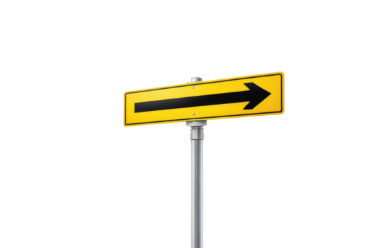 Single yellow street "arrow" sign, centered, full body isolation, white background, high quality stock photograph, high key lighting, sharp focus, pristine condition