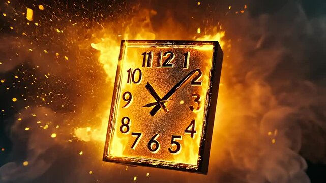 A wall clock, with bold numbers, is engulfed in intense flames amidst a fiery explosion at nighttime. The clock face is partially visible through the blazing fire, creating a dramatic visual effect.
