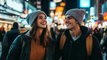 Young couple smiling and holding hands while walking through a busy city street, vibrant energy and modern urban vibe