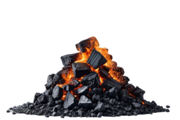 Smoldering coal, central focus, full glowing body against white background, isolated, high-quality stock photo, emphasizing the embers' subtle glow