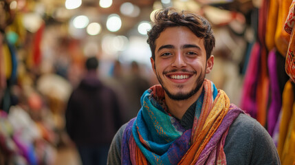 Obraz premium Smiling young man in a colorful scarf standing in a busy marketplace, vibrant colors and lively atmosphere