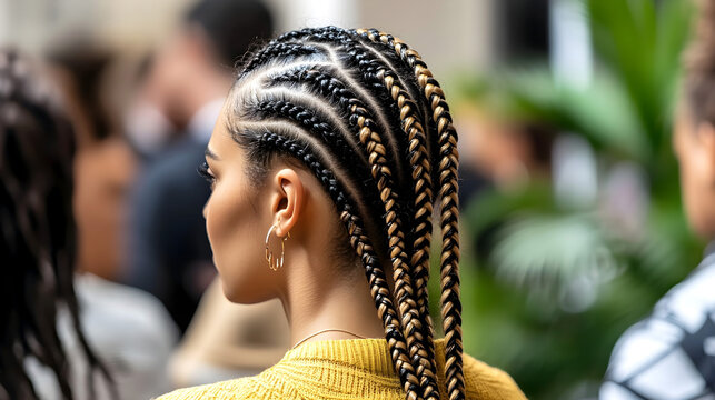 Woman with intricate cornrow braids styled with blonde highlights, wearing hoop earrings
