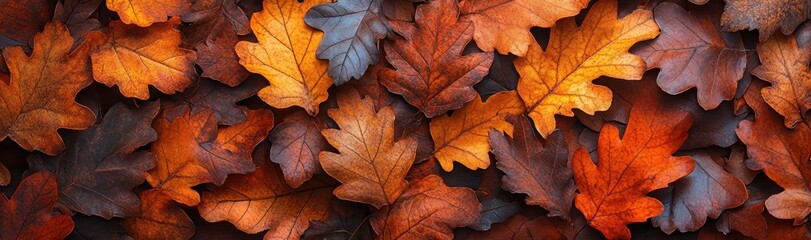 Autumnal Background of Brown and Orange Oak Leaves with Detailed Textures, Creating a Natural Pattern for Fall-Themed Designs, Nature Projects, or Seasonal Content

