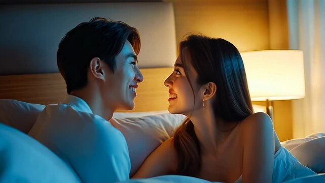 A young Asian couple, a man and woman, share an intimate moment smiling and conversing in bed at night. The warm lighting from a bedside lamp creates a cozy ambiance in their bedroom.