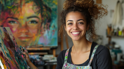 Fototapeta premium Young woman with a bright smile painting in a sunlit studio, vibrant colors and expressive brushstrokes