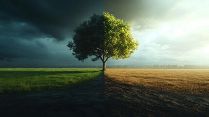 A single tree stands tall in a field, with a stormy sky on one side and a bright, sunny sky on the other.