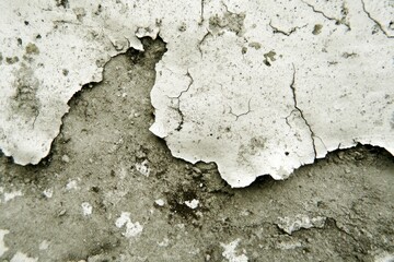 Obraz premium A weathered wall displays cracked plaster, exposing a rough surface with layers of deterioration and signs of age