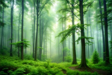 Naklejka premium Path through enchanted misty forest with soft sunlight