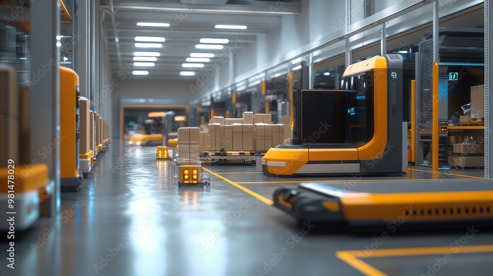 Poster 3d concept of an automated retail warehouse with agv robots transporting packages and products, comp