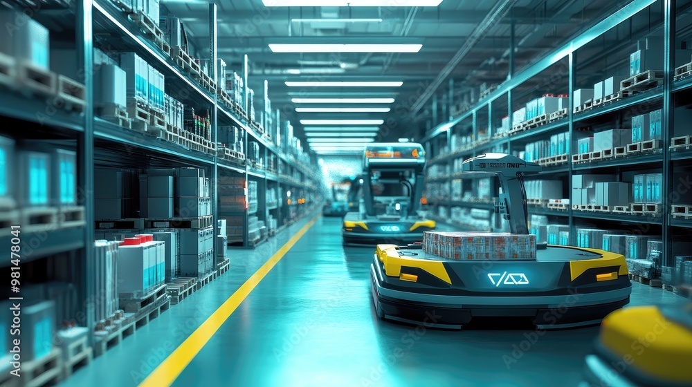 Poster 3d concept of an automated retail warehouse with agv robots transporting packages and products, comp