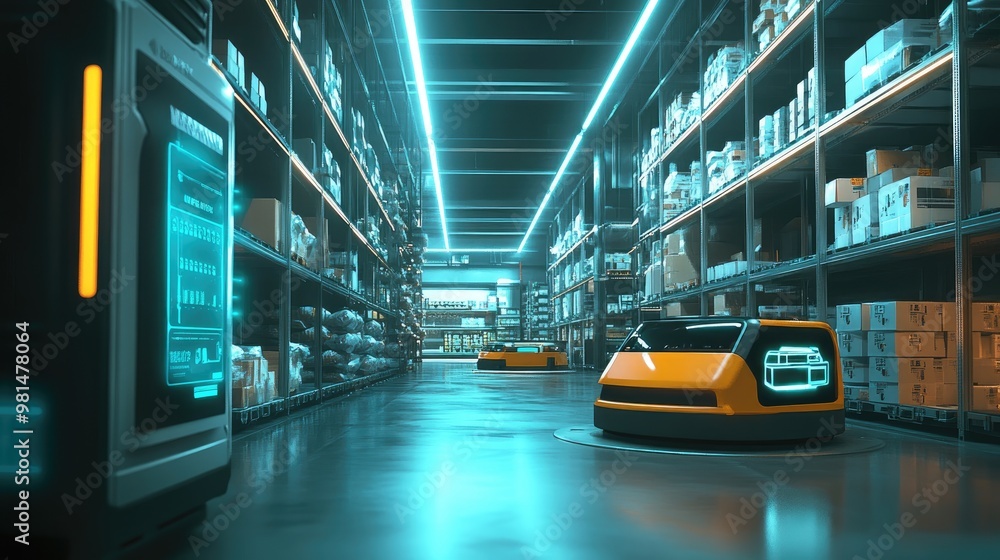 Poster 3d concept of an automated retail warehouse with agv robots transporting packages and products, comp