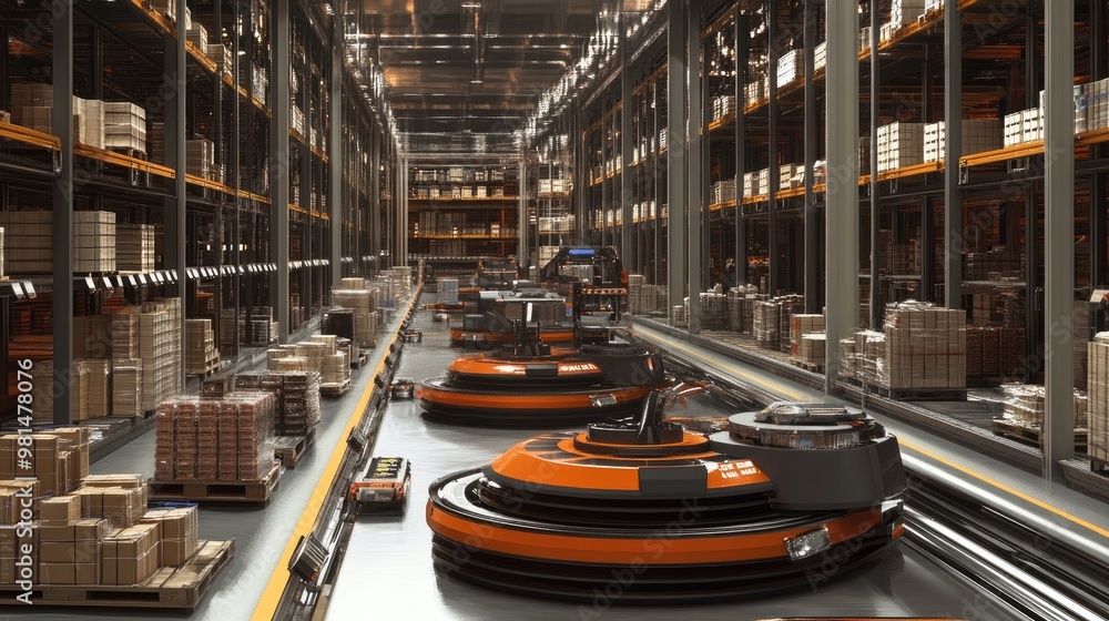 Poster 3d concept of an automated retail warehouse with agv robots transporting packages and products, comp