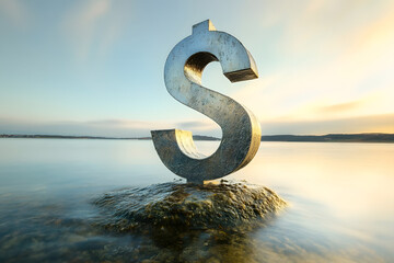 Metallic dollar sign sculpture in nature, symbolizing financial stability, investment growth, economic prosperity, wealth and success, high-quality outdoor art, financial concept