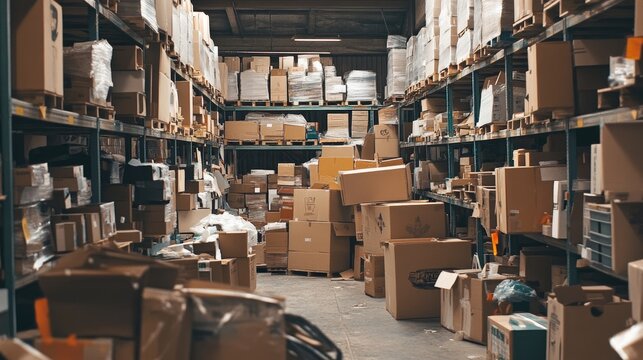 A cluttered warehouse interior filled with scattered boxes and packing materials, illustrating the need for improved organization and inventory management.