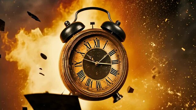 A close-up shot captures an antique clock as it dramatically explodes in a fiery burst. The debris from the explosion fills the air, showcasing a powerful and intense scene, likely during nighttime.