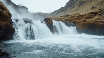 Icelandic Waterfalls in Pristine Wilderness, serene cascades surrounded by untouched landscapes, minimalist scenery emphasizing nature's beauty and tranquility.