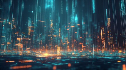 Fototapeta premium A vibrant digital cityscape filled with glowing data streams and neon lights, symbolizing technology.
