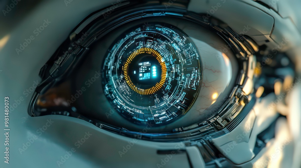 Poster close-up of a robotic eye with glowing digital interface.