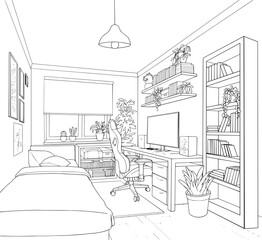 A sketch portrays the interior of a modern kitchen, highlighting the presence of an island. 