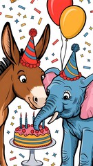 Obraz premium Lovely donkey and elephant at a party with balloons and confetti, sharing cake against white background