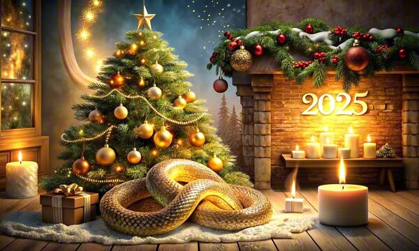 Decorated Christmas tree with a 2025 theme and a snake near a cozy fireplace