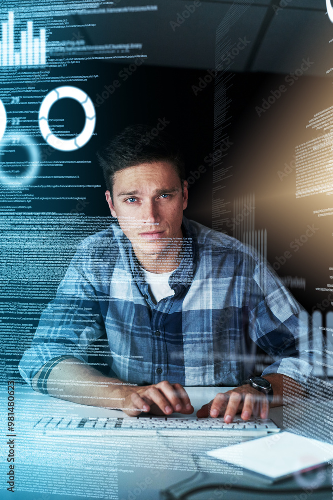 Leinwandbilder Dark office, portrait and man with data overlay for online programming, analysis and cybersecurity in crypto trading. Software, hologram and web developer with metrics, virtual app or network system