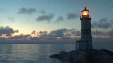 Dusk Beacon, a serene scene of a lighthouse illuminating the darkening horizon, its warm glow contrasting with the cool twilight sky, guiding sailors safely home.